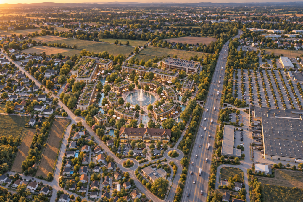 Aerial visualisation of a proposed leisure district in Colmar-Houssen, with shops, restaurants, a hotel, landscaped gardens and a fountain plaza.