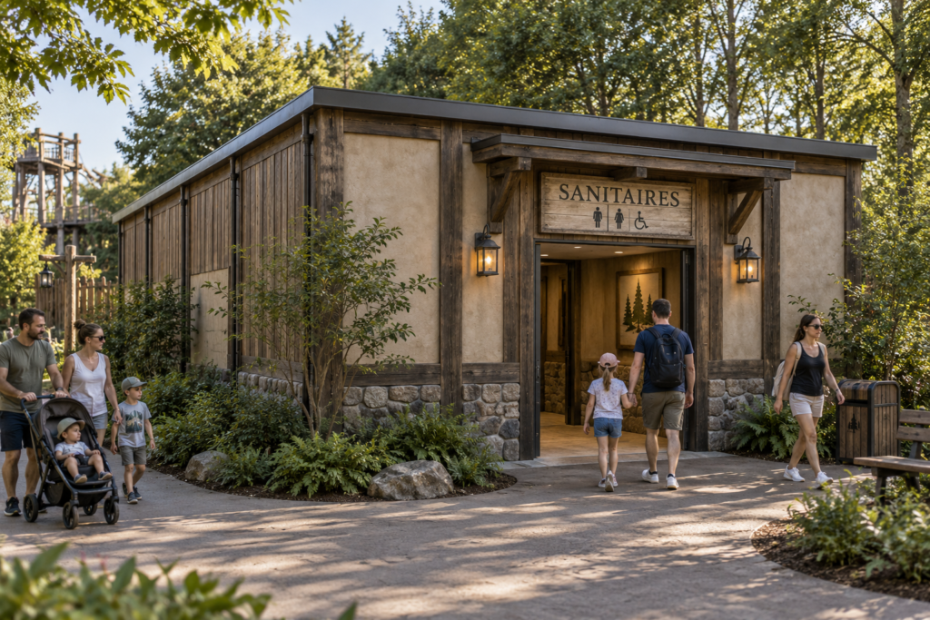 Concept visualisation of a themed restroom module with timber and plaster façades, surrounded by trees and families in a leisure park.