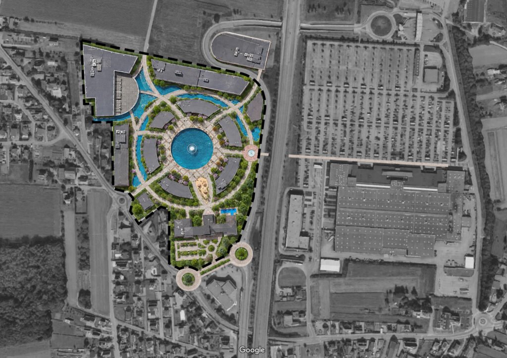 Concept masterplan over an aerial photograph, showing buildings, landscaped pedestrian routes and water features around a central circular plaza.
